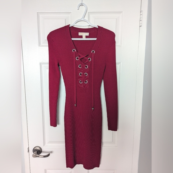 Michael Kors Red Lace-Up Ribbed Sweater Dress - Picture 2 of 2